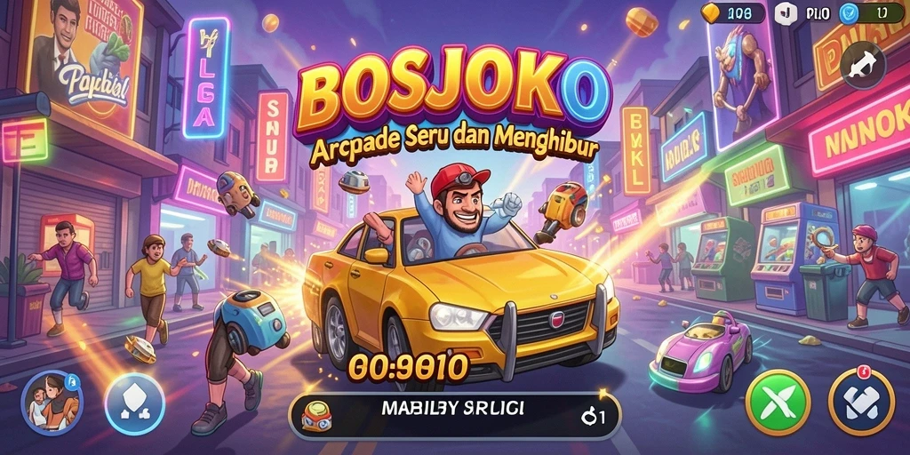 Screenshot utama BOSJOKO menampilkan gameplay Arcade yang seru.