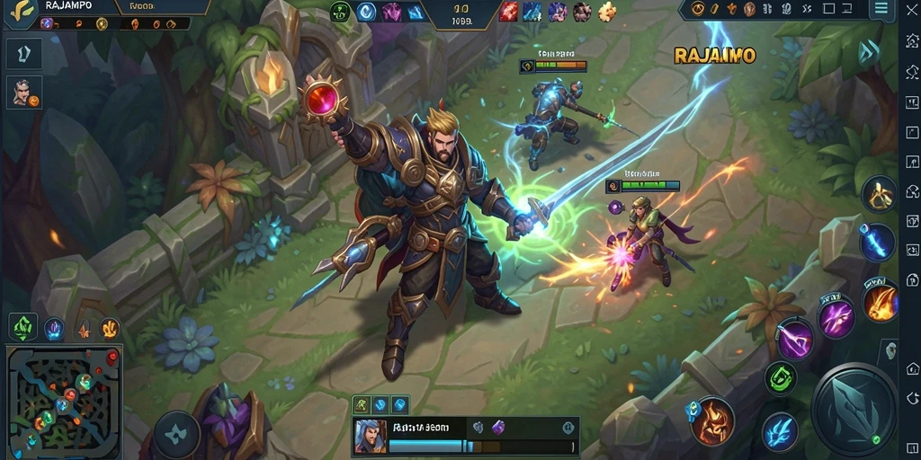 Tampilan dinamis gameplay MOBA dalam RAJAMPO.