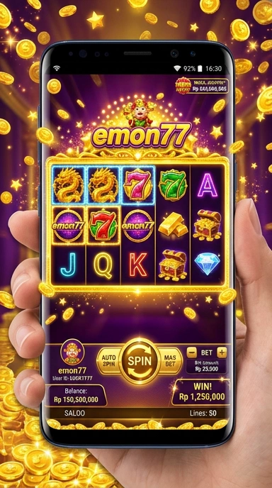 Screenshot aplikasi emon77 dengan informasi aplikasi lengkap.